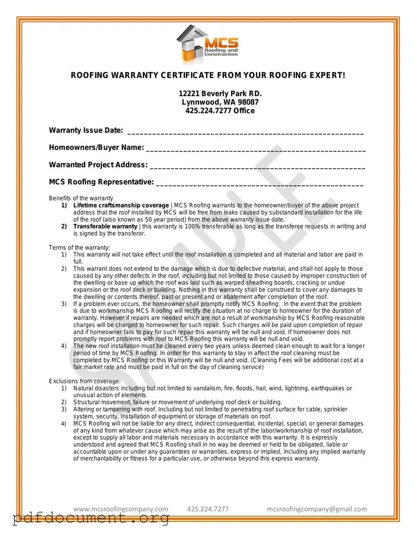 Fill Out Your Roofing Warranty Certificate Form