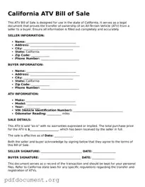 Blank ATV Bill of Sale Form for California State