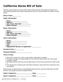 Blank Horse Bill of Sale Form for California State