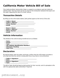 Blank Motor Vehicle Bill of Sale Form for California State