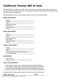 Blank Tractor Bill of Sale Form for California State