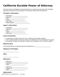 Blank Durable Power of Attorney Form for California State