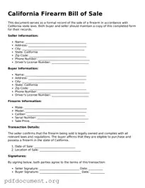 Blank Firearm Bill of Sale Form for California State