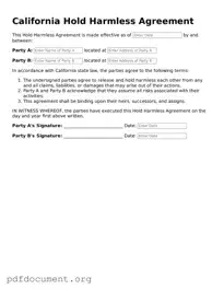 Blank Hold Harmless Agreement Form for California State