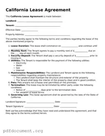 Blank Lease Agreement Form for California State