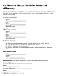 Blank Motor Vehicle Power of Attorney Form for California State