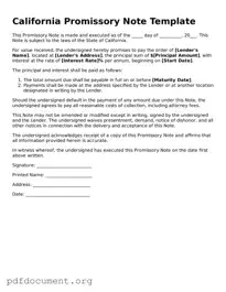 Blank Promissory Note Form for California State