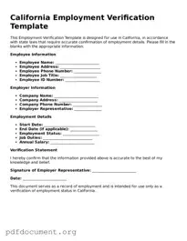 Blank Employment Verification Form for California State