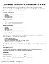 Blank Power of Attorney for a Child Form for California State
