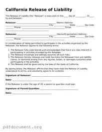 Blank Release of Liability Form for California State