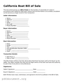 Blank Boat Bill of Sale Form for California State