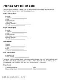 Blank ATV Bill of Sale Form for Florida State