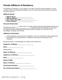 Blank Affidavit of Residency Form for Florida State