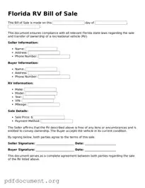 Blank RV Bill of Sale Form for Florida State
