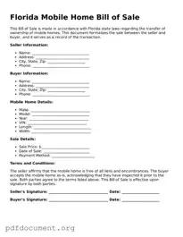 Blank Mobile Home Bill of Sale Form for Florida State