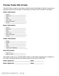 Blank Trailer Bill of Sale Form for Florida State