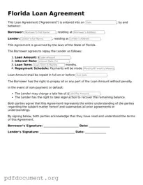 Blank Loan Agreement Form for Florida State