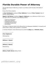 Blank Durable Power of Attorney Form for Florida State