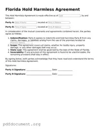 Blank Hold Harmless Agreement Form for Florida State