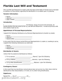 Blank Last Will and Testament Form for Florida State