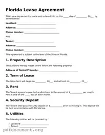 Blank Lease Agreement Form for Florida State