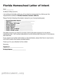 Blank Homeschool Letter of Intent Form for Florida State