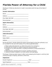 Blank Power of Attorney for a Child Form for Florida State