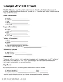 Blank ATV Bill of Sale Form for Georgia State