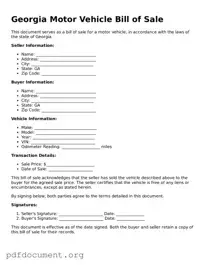 Blank Motor Vehicle Bill of Sale Form for Georgia State