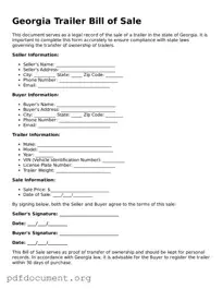 Blank Trailer Bill of Sale Form for Georgia State