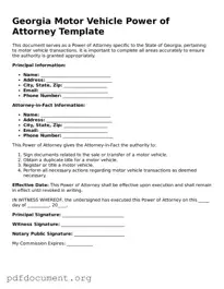 Blank Motor Vehicle Power of Attorney Form for Georgia State