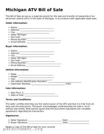 Blank ATV Bill of Sale Form for Michigan State