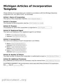Blank Articles of Incorporation Form for Michigan State