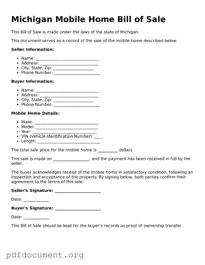 Blank Mobile Home Bill of Sale Form for Michigan State