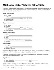 Blank Motor Vehicle Bill of Sale Form for Michigan State