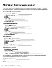 Blank Rental Application Form for Michigan State