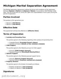 Blank Marital Separation Agreement Form for Michigan State