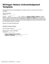 Blank Notary Acknowledgement Form for Michigan State