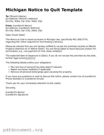 Blank Notice to Quit Form for Michigan State