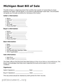 Blank Boat Bill of Sale Form for Michigan State