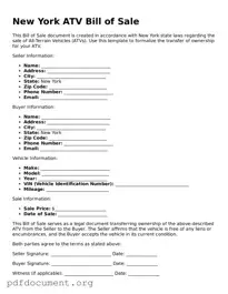Blank ATV Bill of Sale Form for New York State