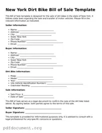 Blank Dirt Bike Bill of Sale Form for New York State