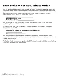 Blank Do Not Resuscitate Order Form for New York State