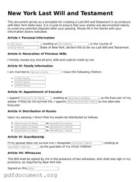 Blank Last Will and Testament Form for New York State