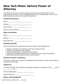 Blank Motor Vehicle Power of Attorney Form for New York State