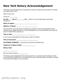 Blank Notary Acknowledgement Form for New York State