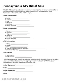 Blank ATV Bill of Sale Form for Pennsylvania State