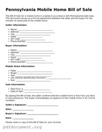 Blank Mobile Home Bill of Sale Form for Pennsylvania State
