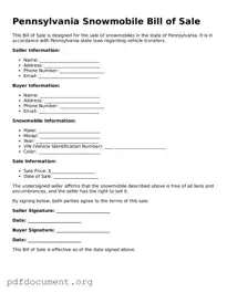 Blank Snowmobile Bill of Sale Form for Pennsylvania State