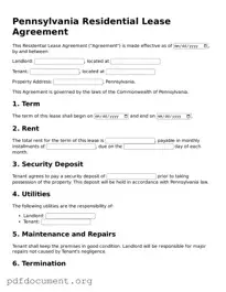 Blank Residential Lease Agreement Form for Pennsylvania State